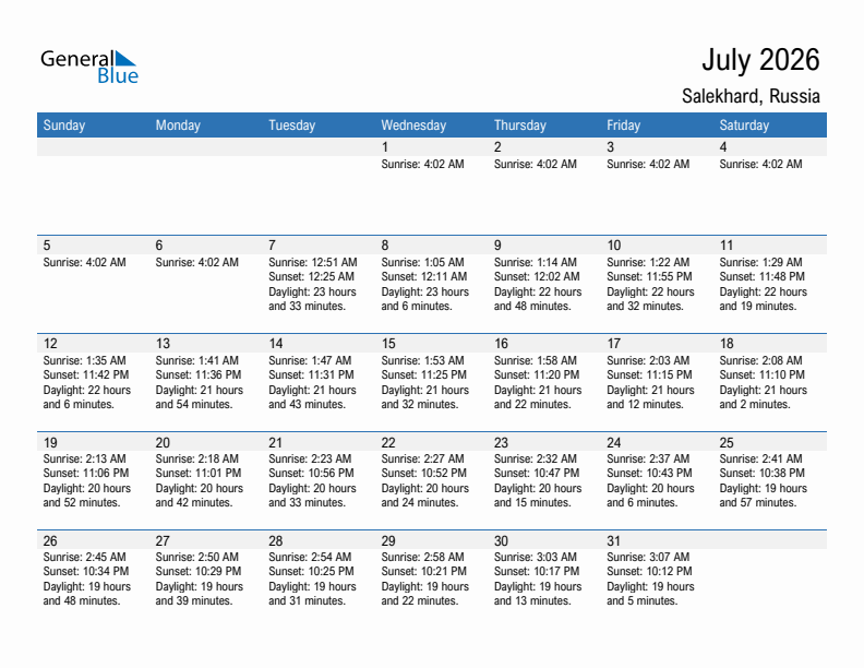 Salekhard July 2026 sunrise and sunset calendar in PDF, Excel, and Word