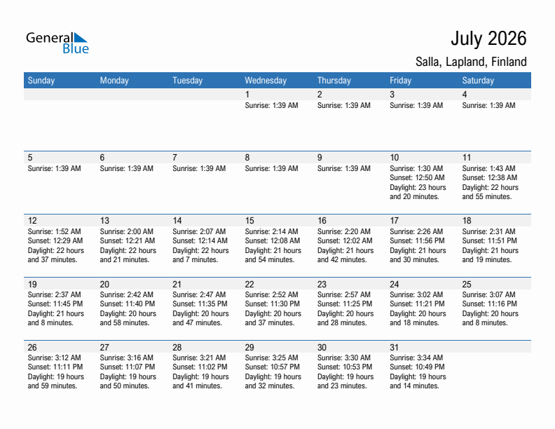 Salla July 2026 sunrise and sunset calendar in PDF, Excel, and Word