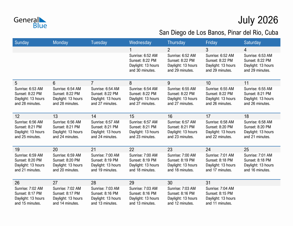 July 2026 sunrise and sunset calendar for San Diego de Los Banos