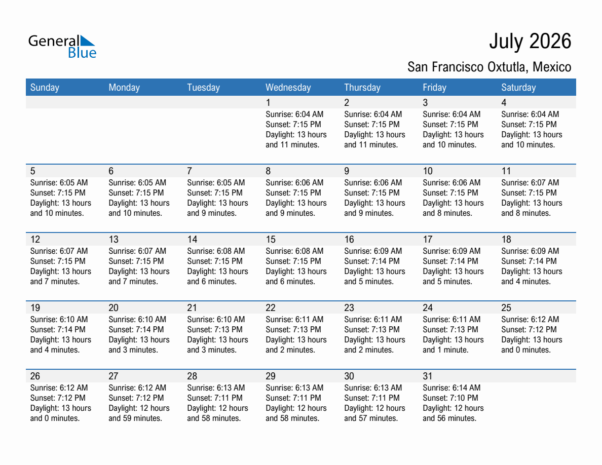 July 2026 sunrise and sunset calendar for San Francisco Oxtutla