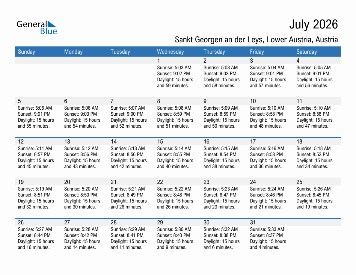 July 2026 sunrise and sunset calendar for Sankt Georgen an der Leys