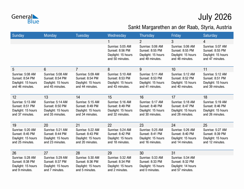 Sankt Margarethen an der Raab July 2026 sunrise and sunset calendar in PDF, Excel, and Word