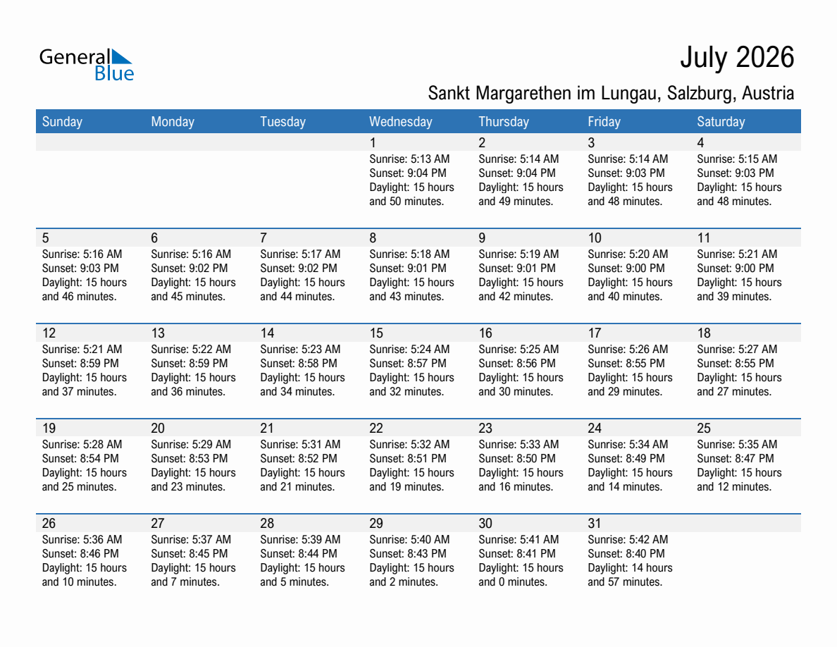 July 2026 sunrise and sunset calendar for Sankt Margarethen im Lungau