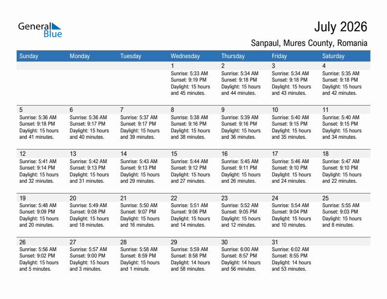 Sanpaul July 2026 sunrise and sunset calendar in PDF, Excel, and Word