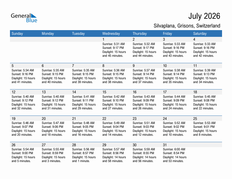 Silvaplana July 2026 sunrise and sunset calendar in PDF, Excel, and Word