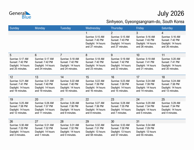 Sinhyeon July 2026 sunrise and sunset calendar in PDF, Excel, and Word