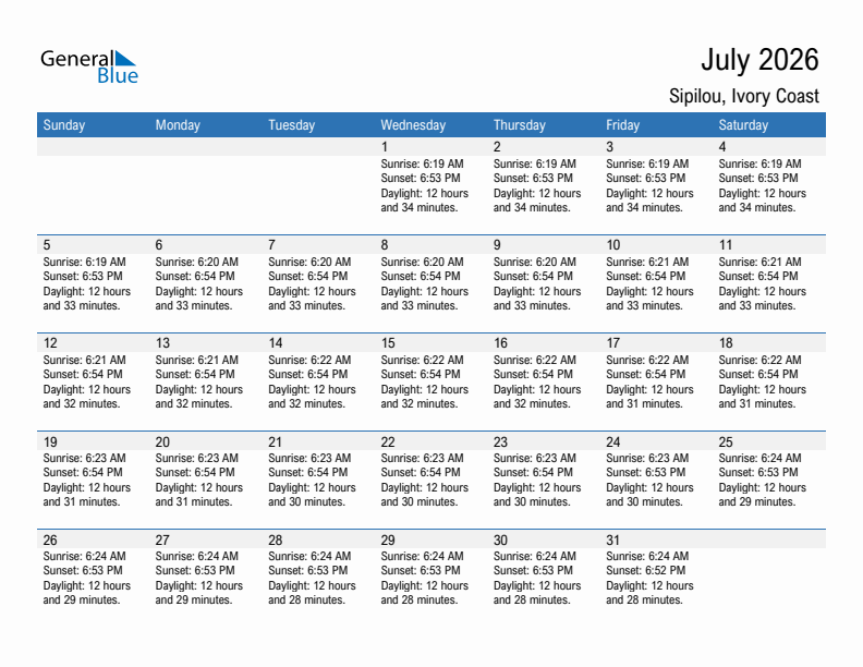 Sipilou July 2026 sunrise and sunset calendar in PDF, Excel, and Word