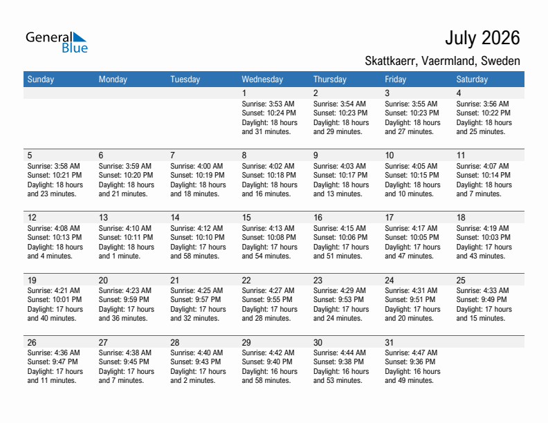 Skattkaerr July 2026 sunrise and sunset calendar in PDF, Excel, and Word