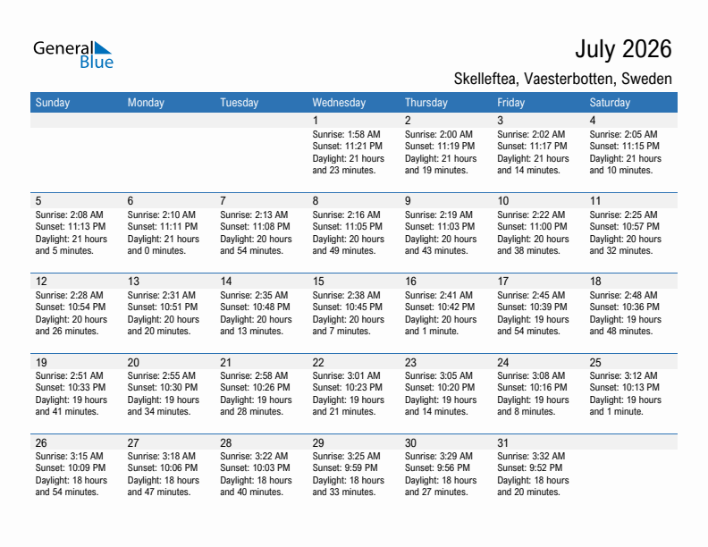 Skelleftea July 2026 sunrise and sunset calendar in PDF, Excel, and Word