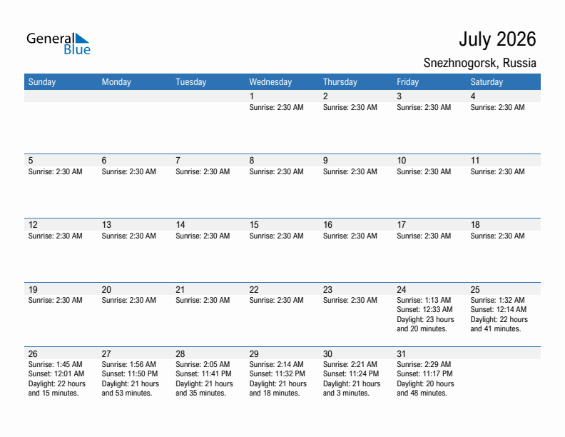 Snezhnogorsk July 2026 sunrise and sunset calendar in PDF, Excel, and Word
