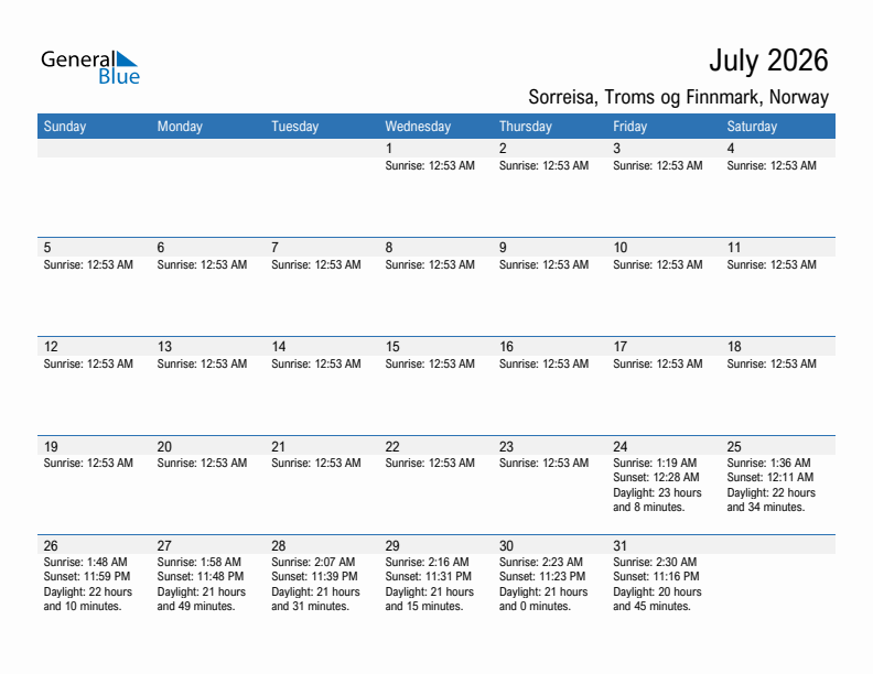 Sorreisa July 2026 sunrise and sunset calendar in PDF, Excel, and Word