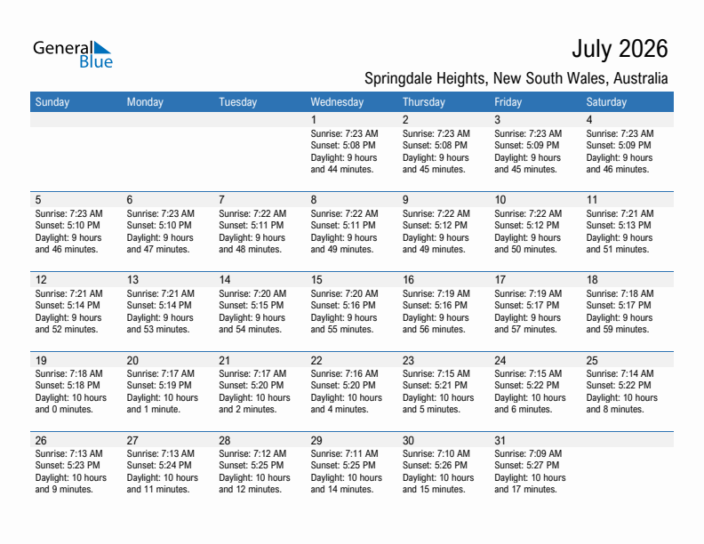 Springdale Heights July 2026 sunrise and sunset calendar in PDF, Excel, and Word