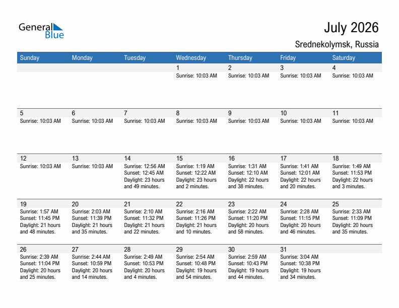 Srednekolymsk July 2026 sunrise and sunset calendar in PDF, Excel, and Word