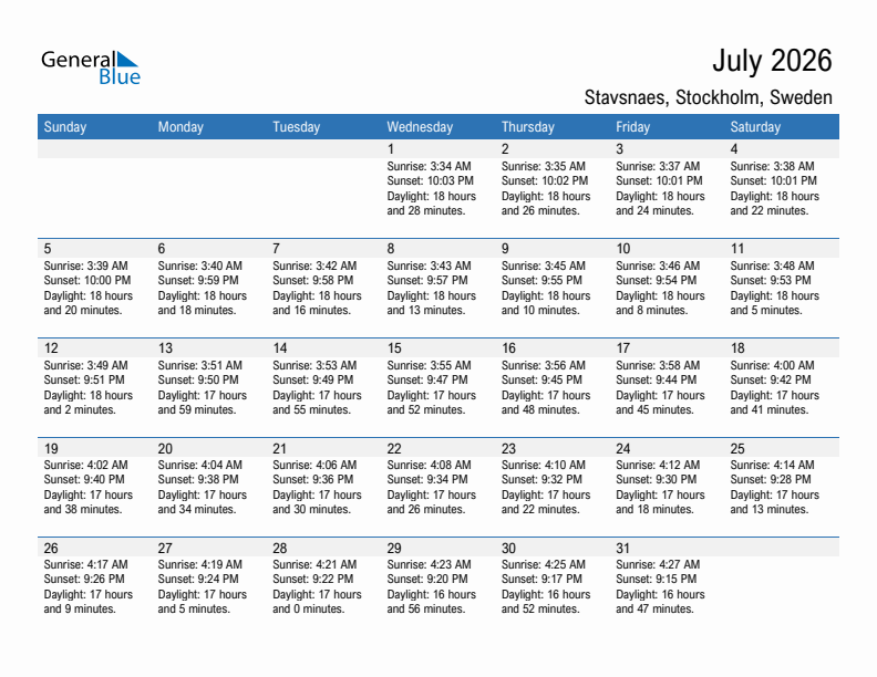 Stavsnaes July 2026 sunrise and sunset calendar in PDF, Excel, and Word