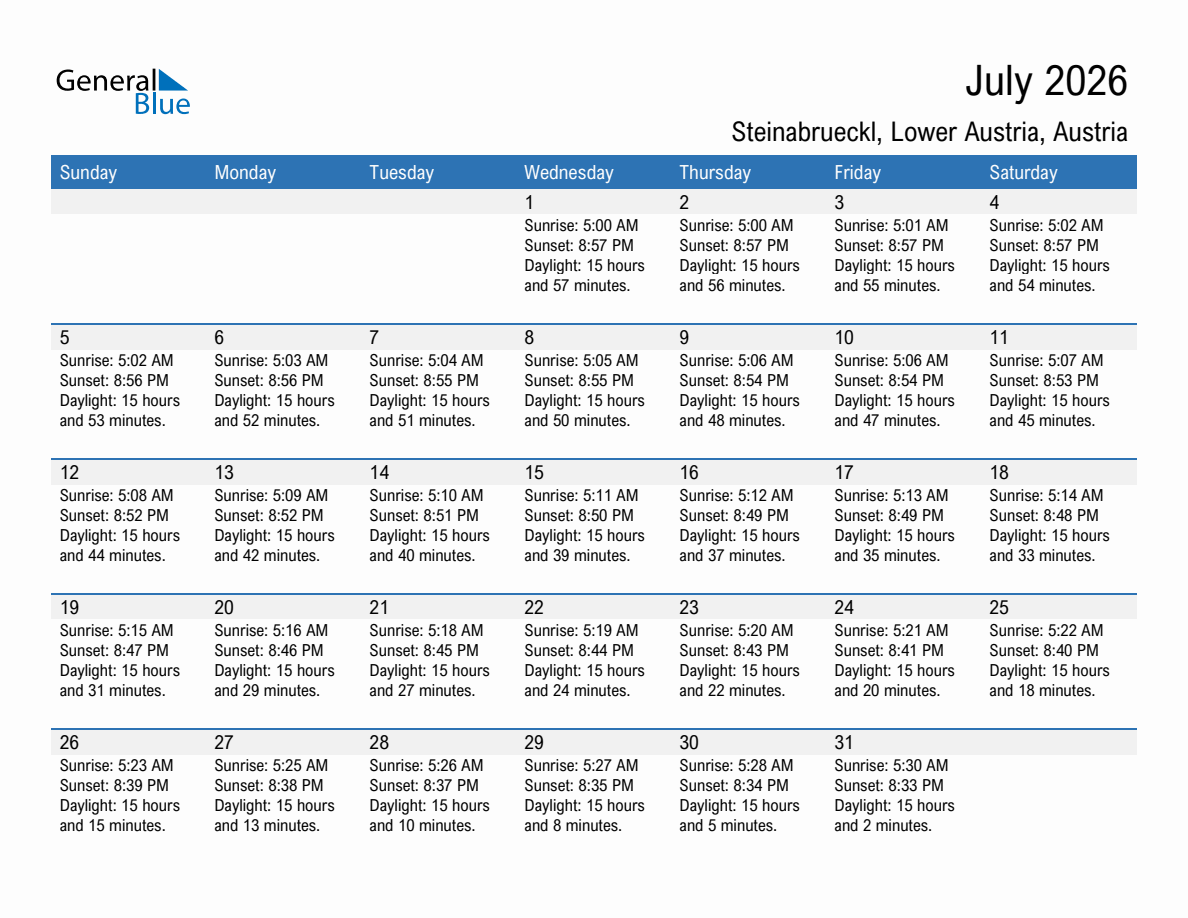 July 2026 sunrise and sunset calendar for Steinabrueckl