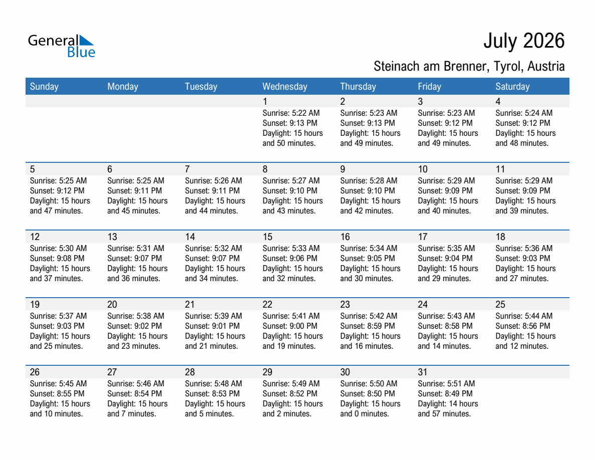 July 2026 sunrise and sunset calendar for Steinach am Brenner
