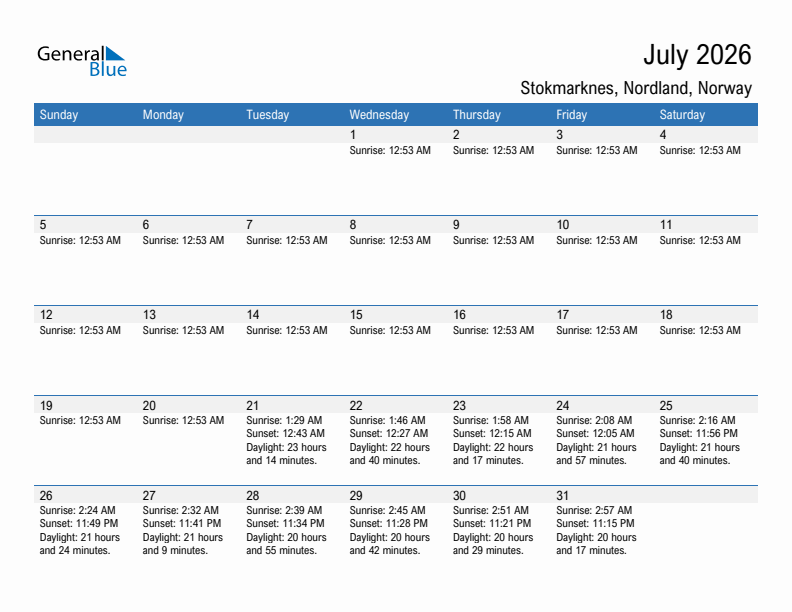Stokmarknes July 2026 sunrise and sunset calendar in PDF, Excel, and Word