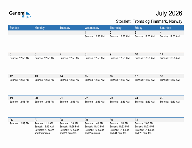 Storslett July 2026 sunrise and sunset calendar in PDF, Excel, and Word
