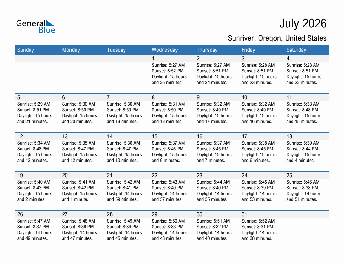 July 2026 sunrise and sunset calendar for Sunriver