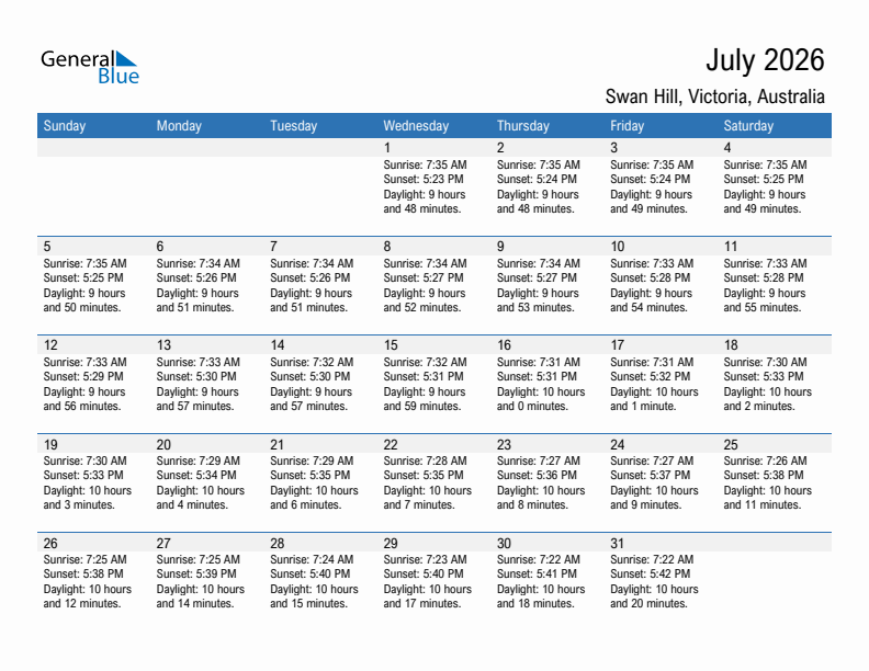 Swan Hill July 2026 sunrise and sunset calendar in PDF, Excel, and Word