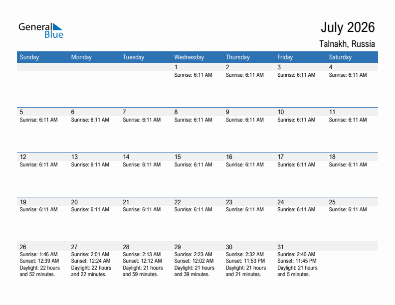 Talnakh July 2026 sunrise and sunset calendar in PDF, Excel, and Word