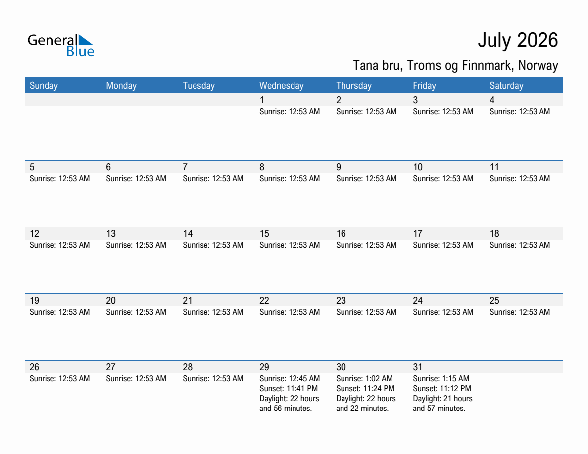 July 2026 sunrise and sunset calendar for Tana bru