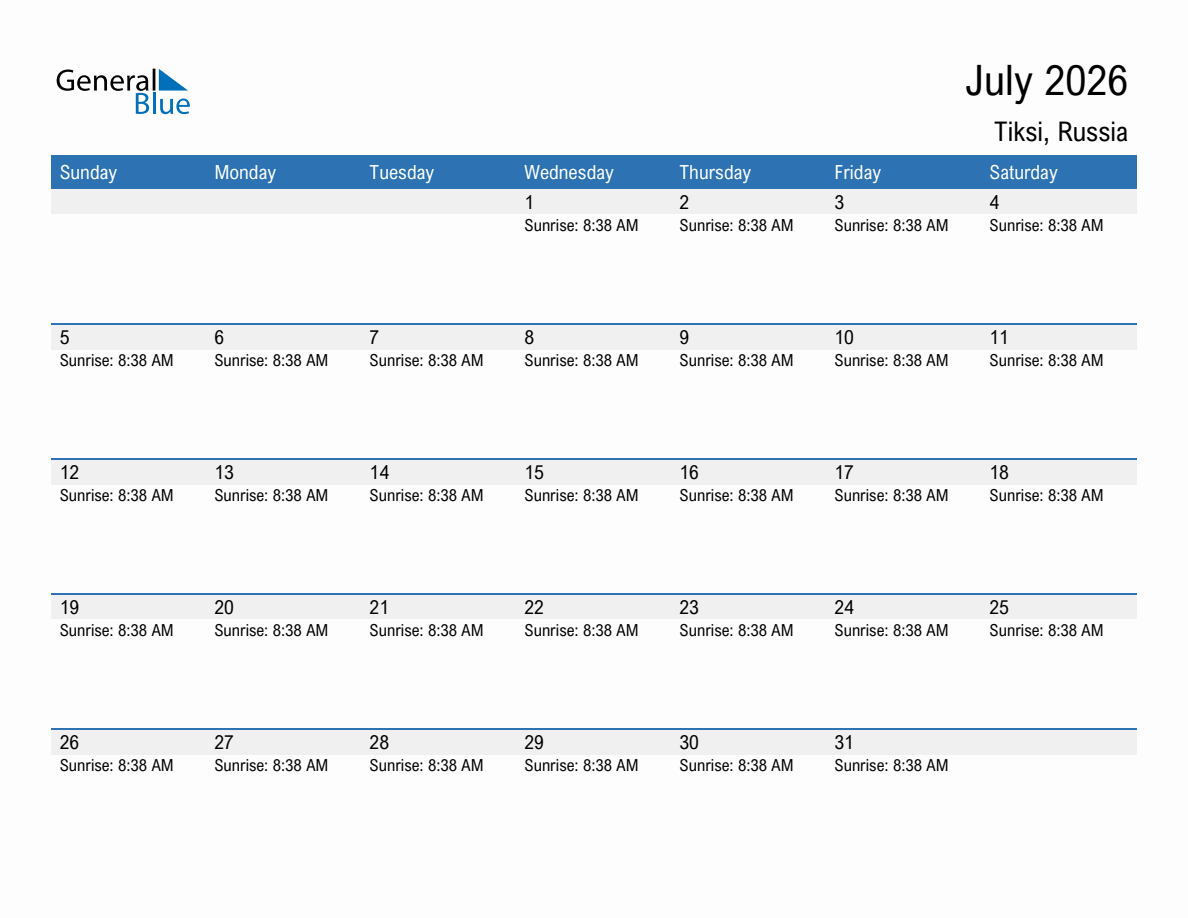 July 2026 sunrise and sunset calendar for Tiksi