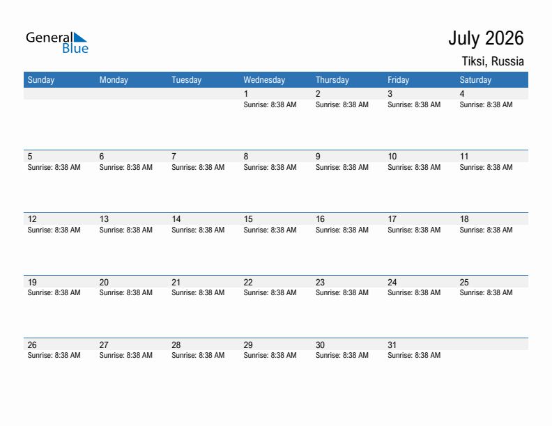 Tiksi July 2026 sunrise and sunset calendar in PDF, Excel, and Word