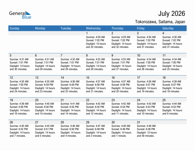 Tokorozawa July 2026 sunrise and sunset calendar in PDF, Excel, and Word