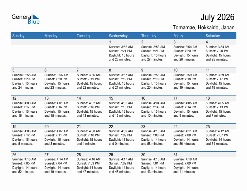 Tomamae July 2026 sunrise and sunset calendar in PDF, Excel, and Word