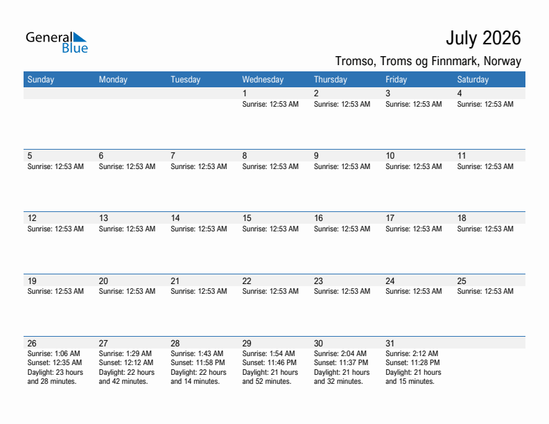 Tromso July 2026 sunrise and sunset calendar in PDF, Excel, and Word
