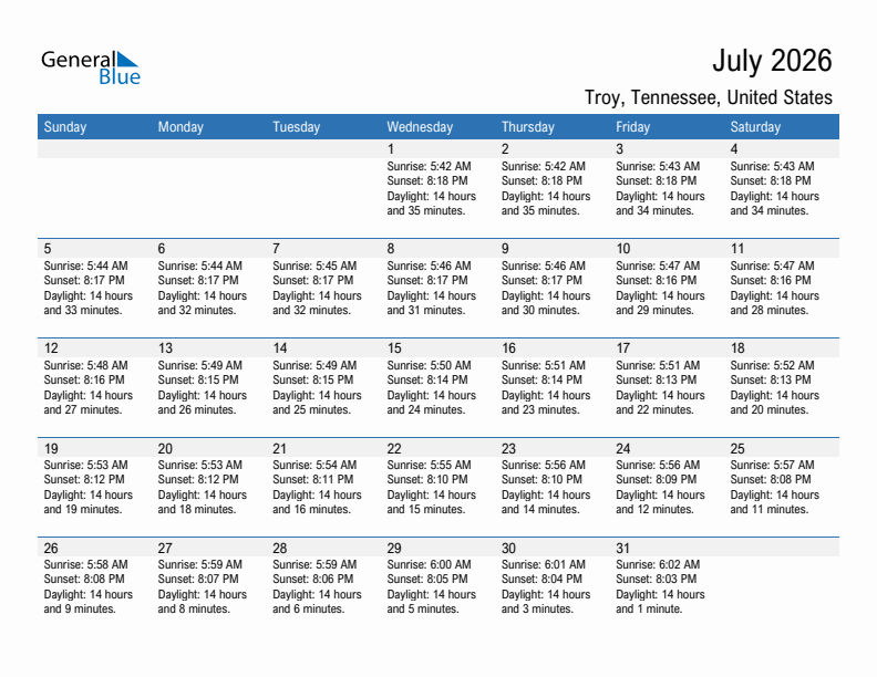 Troy July 2026 sunrise and sunset calendar in PDF, Excel, and Word