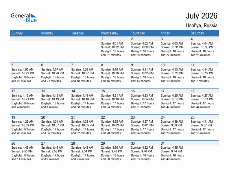 Usol'ye July 2026 sunrise and sunset calendar in PDF, Excel, and Word