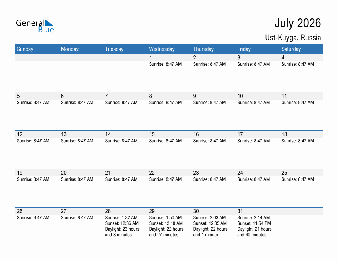 July 2026 sunrise and sunset calendar for Ust-Kuyga
