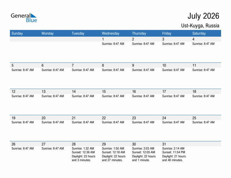 Ust-Kuyga July 2026 sunrise and sunset calendar in PDF, Excel, and Word