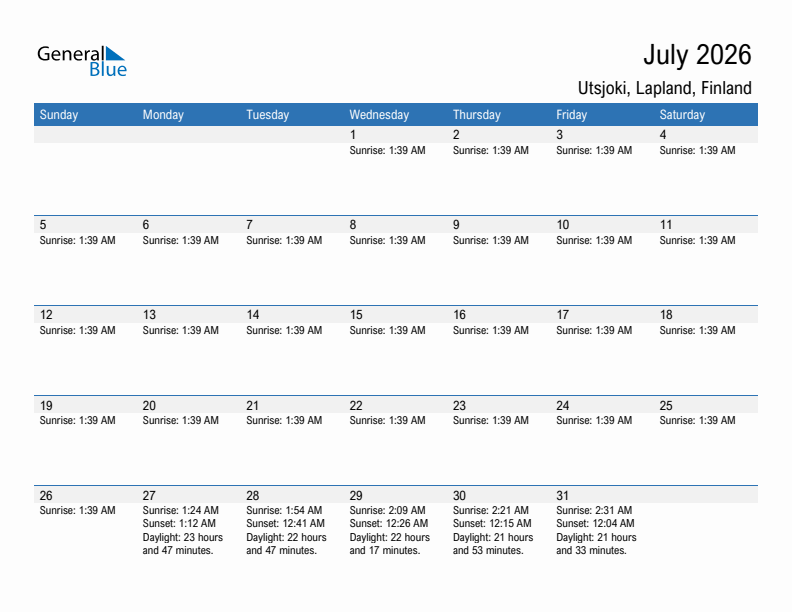 Utsjoki July 2026 sunrise and sunset calendar in PDF, Excel, and Word