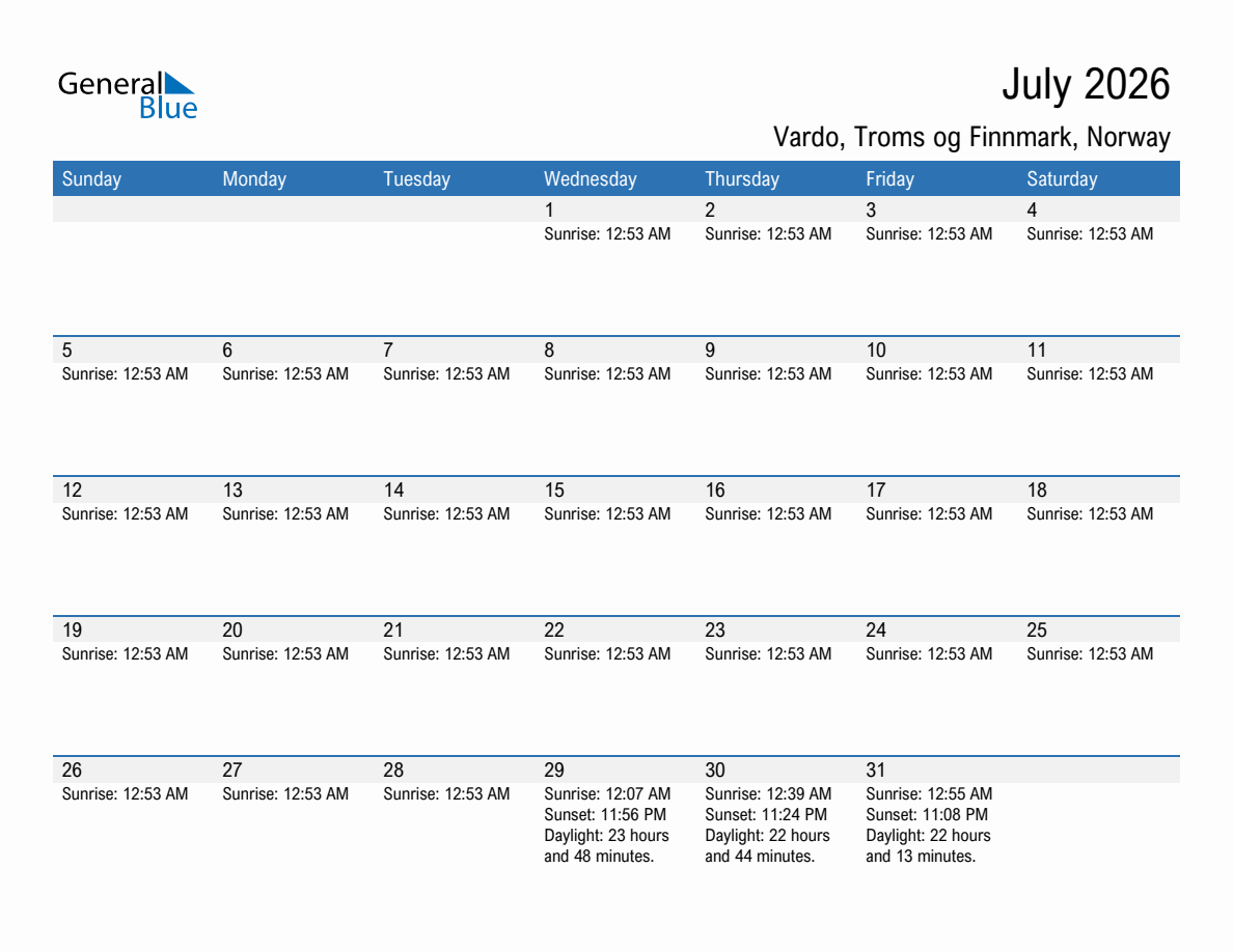 July 2026 sunrise and sunset calendar for Vardo