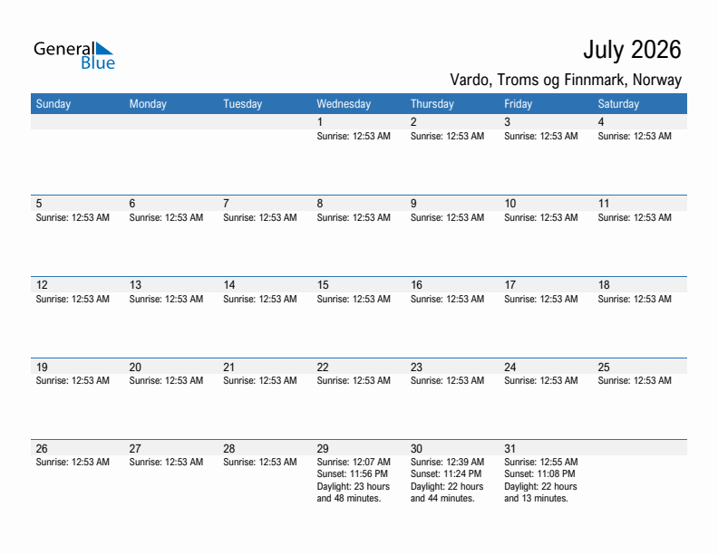Vardo July 2026 sunrise and sunset calendar in PDF, Excel, and Word