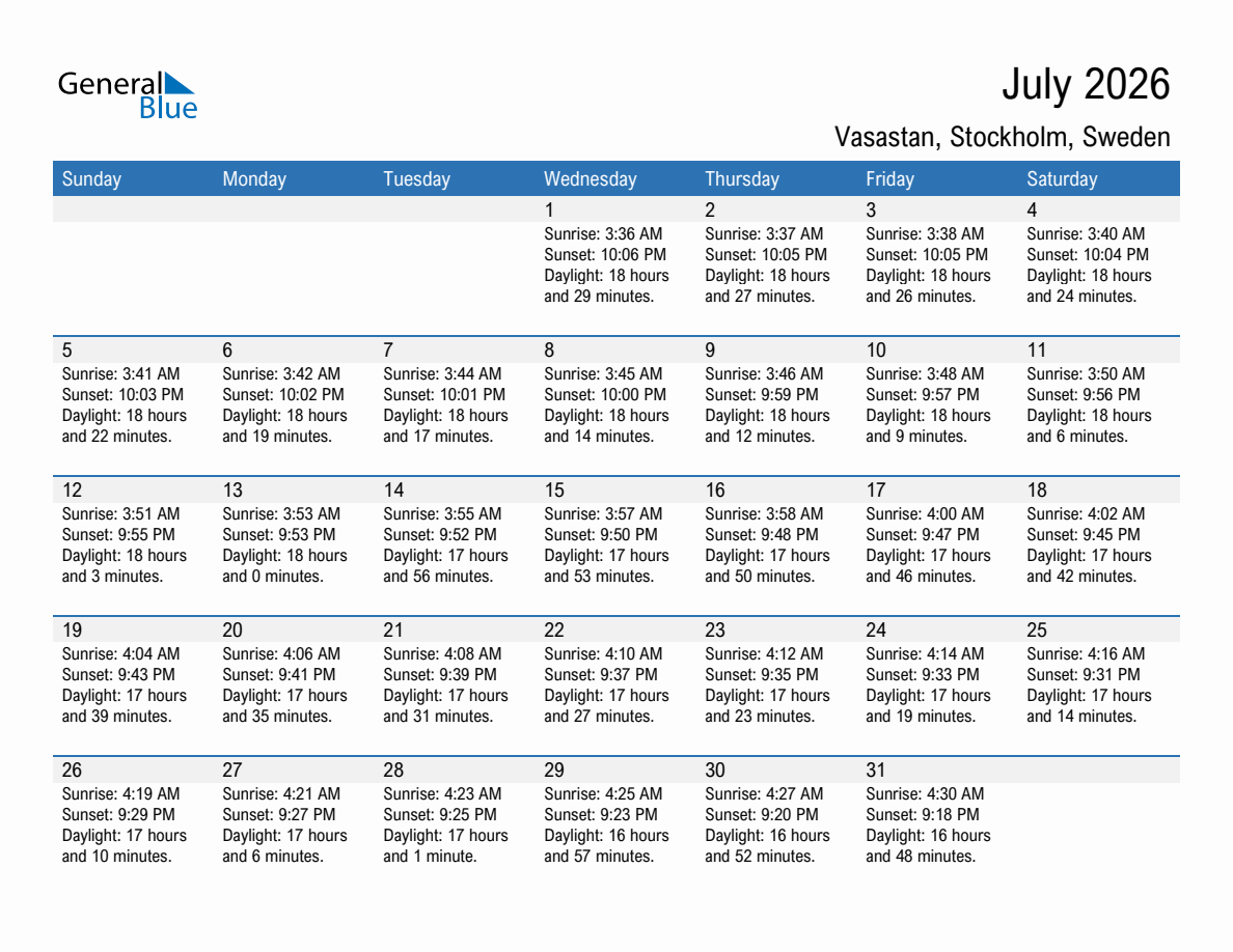 July 2026 sunrise and sunset calendar for Vasastan