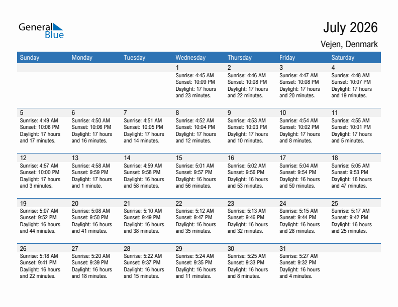 Vejen July 2026 sunrise and sunset calendar in PDF, Excel, and Word