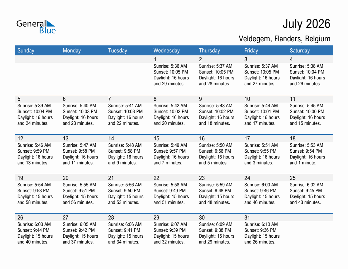 July 2026 sunrise and sunset calendar for Veldegem