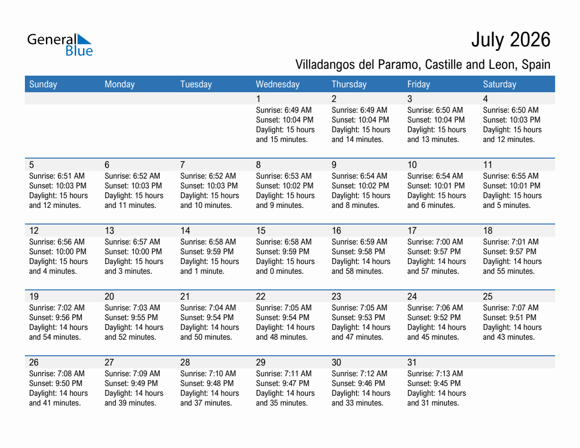 July 2026 sunrise and sunset calendar for Villadangos del Paramo