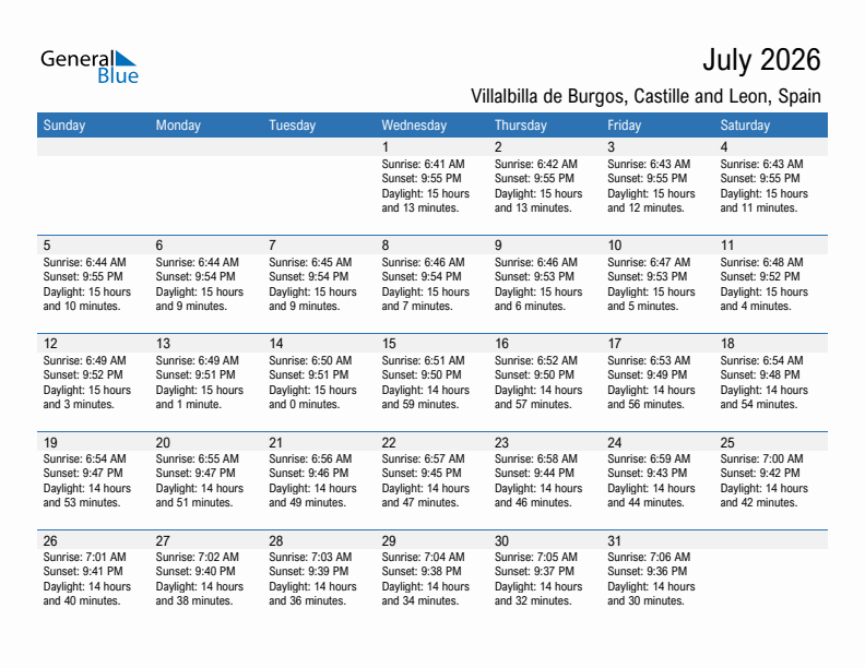 Villalbilla de Burgos July 2026 sunrise and sunset calendar in PDF, Excel, and Word