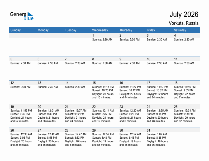 Vorkuta July 2026 sunrise and sunset calendar in PDF, Excel, and Word