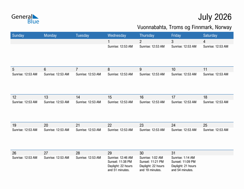 Vuonnabahta July 2026 sunrise and sunset calendar in PDF, Excel, and Word