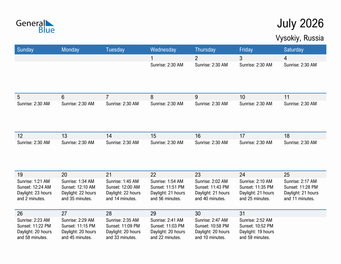 July 2026 sunrise and sunset calendar for Vysokiy