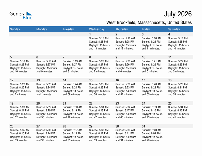West Brookfield July 2026 sunrise and sunset calendar in PDF, Excel, and Word