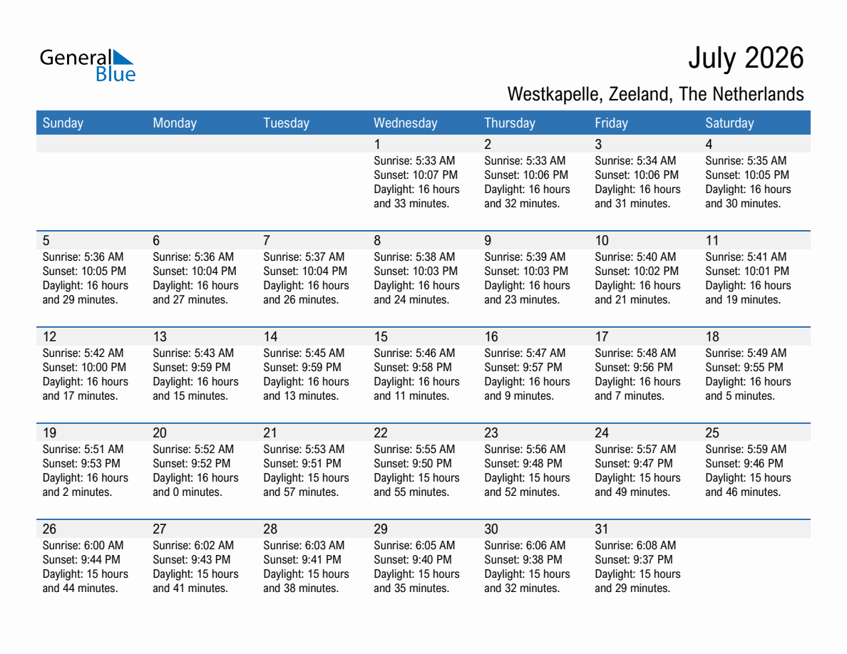 July 2026 sunrise and sunset calendar for Westkapelle