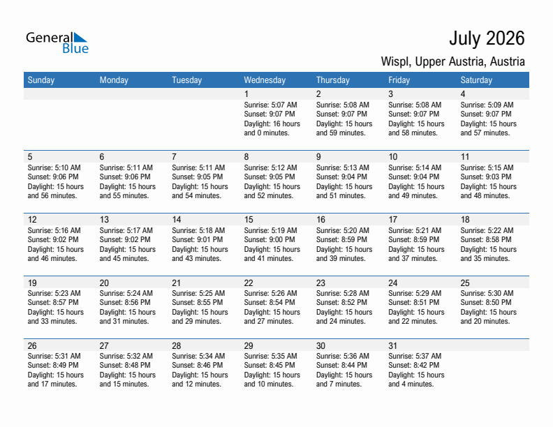 Wispl July 2026 sunrise and sunset calendar in PDF, Excel, and Word