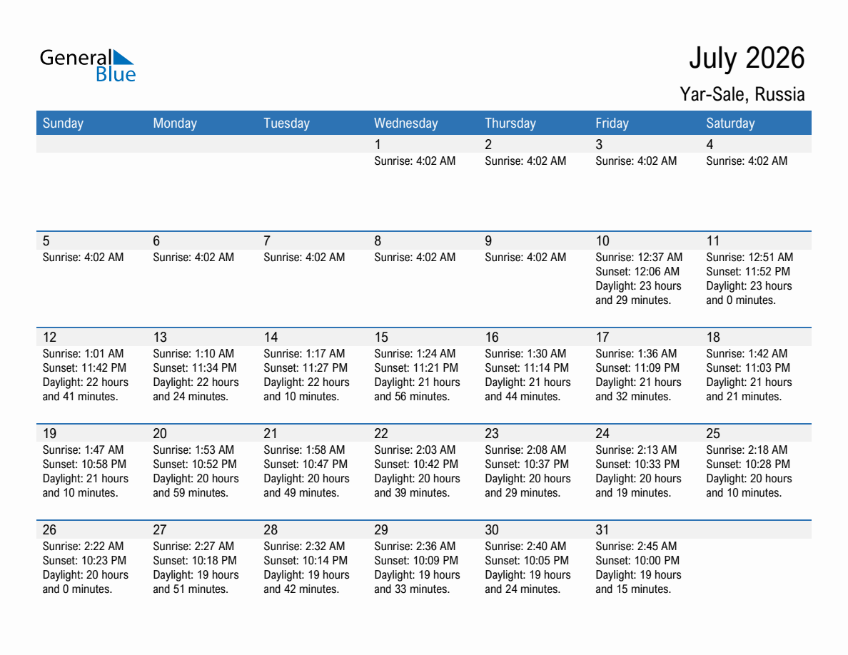 July 2026 sunrise and sunset calendar for Yar-Sale